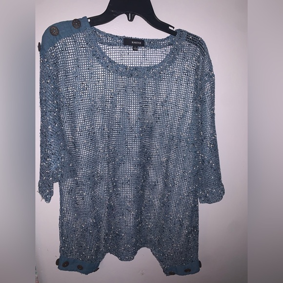 Kaktus Sweaters - Blue Knit Sweater with Button Accents